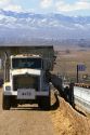 Truck dumping feed ration to cattle on a feedlot in Grand View, Idaho, USA.