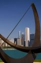 Cast bronze sundial sculpture named Man Enters the Cosmos by artist Henry Moore located on Lake Michigan outside the Adler Planetarium in Chicago, Illinois, USA.