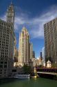 Chicago River and Michigan Avenue Bridge in downtown Chicago, Illinois, USA.