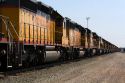 Hundreds of Union Pacific locomotive engines being stored at a rail yard in Nampa, Idaho, USA.