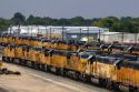 Hundreds of Union Pacific locomotive engines being stored at a rail yard in Nampa, Idaho, USA.