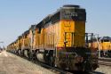 Hundreds of Union Pacific locomotive engines being stored at a rail yard in Nampa, Idaho, USA.