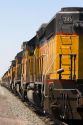Hundreds of Union Pacific locomotive engines being stored at a rail yard in Nampa, Idaho, USA.