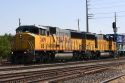 Union Pacific locomotive engines being stored at a rail yard in Nampa, Idaho, USA.