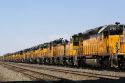 Hundreds of Union Pacific locomotive engines being stored at a rail yard in Nampa, Idaho, USA.