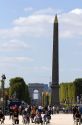 The Obelisk of Luxor located in the Place de la Concorde and the Arch de Triomphe at the west end of the Avenue des Champs-Elysees in Paris, France.
