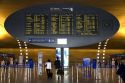Departure board located in the Paris-Charles de Gaulle Airport, Paris, France.