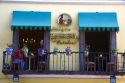 People dine on a restaurant balcony in the city of Puebla, Puebla, Mexico.