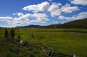 Split rail fencing runs through a meadow near Stanley, Idaho, USA.