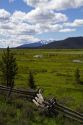 Split rail fencing runs through a meadow near Stanley, Idaho, USA.