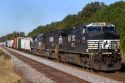 Norfolk Southern Railway locomotive traveling along Highway 72 west of Mussel Shoals, Alabama, USA.