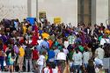 Demonstrators protest educational funding cuts on the steps of the state capitol building in Baton Rouge, Louisiana, USA.