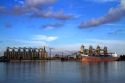Bulk freighter at a grain shipping terminal on the Mississippi River at the Port of Baton Rouge, Louisiana, USA.