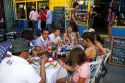 People dine at an outdoor cafe in the La Boca barrio of Buenos Aires, Argentina.