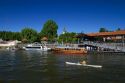 Vintage mohogany motorboat on the Parana Delta at Tigre, Argentina.