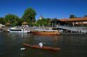 Vintage mohogany motorboat on the Parana Delta at Tigre, Argentina.