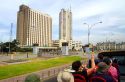 View of hotels from the upper deck of a tour bus in Lima, Peru.