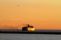 The SS Badger, a coal-fired passenger and vehicle ferry on Lake Michigan leaving Ludington, Michigan, USA.