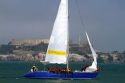 Blue Water Foundation sailboat teaching children how to sail near Alcatraz Island in the San Francisco Bay, California, USA.