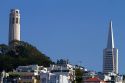 A view of Coit Tower and the Transamerica Pyramid skyscraper in San Francisco, California, USA.