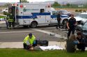 Paramedics and firefighters respond to an automobile injury accident in Boise, Idaho, USA.