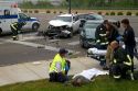 Paramedics and firefighters respond to an automobile injury accident in Boise, Idaho, USA.