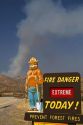 Smokey Bear extreme fire danger sign with a plume of smoke from a forest fire in the back ground in Boise County, Idaho, USA.