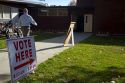 Vote Here sign at a pollling place on election day in Bosie, Idaho, USA.