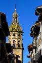 Bell tower of the Church of Santiago el Mayor at Puente La Reina a Basque town along the Way of St. James pilgrimage route, Navarra, Spain.