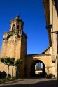 Bell tower of the Church of Santiago el Mayor at Puente La Reina a Basque town along the Way of St. James pilgrimage route, Navarra, Spain.