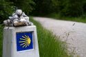 Marker along the Camino De Santiago, the Way of St. James pilgrimage route, Navarra, Spain.