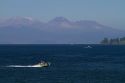 A boat used for parasailing on Lake Taupo, Waikato Region, North Island, New Zealand.