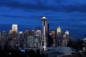 Seattle city scape at dusk with Space Needle, Washington, USA.