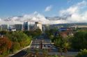 View of capital boulevard and the Idaho state capitol building on a misty morning in downtown Boise, Idaho, USA.